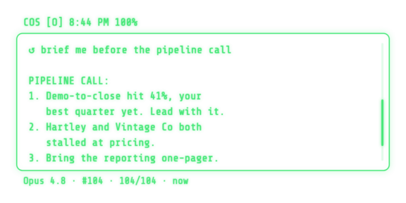 COS Glasses reader: a full pre-call briefing scrolling in green on the lens.
