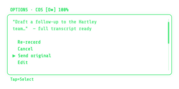 COS Glasses review screen: send, edit, or re-record options in green on the lens.